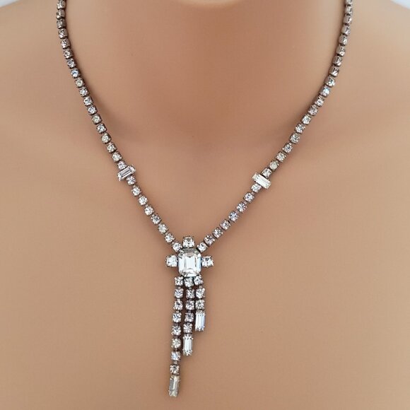 1960 –  VINTAGE JAY FLEX STERLING SILVER SPARKLING CLEAR RHINESTONES NECKLACE - Picture 2 of 6